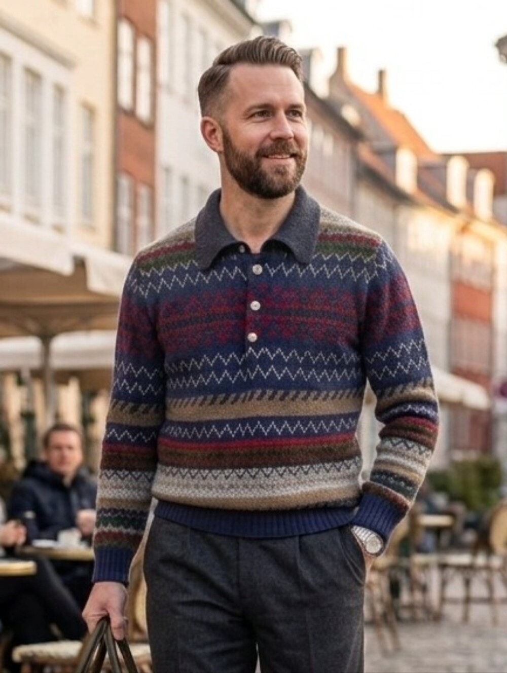 Pure Men's Collection XL Nordic Fair Isle Retro Grandpacore Polo Knit Sweater